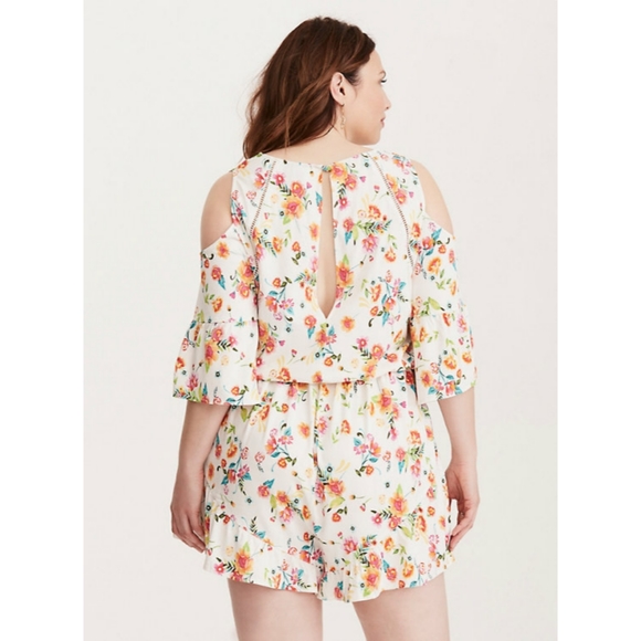 Torrid Floral Print Cold Shoulder Ruffle Romper 1X - Picture 3 of 16